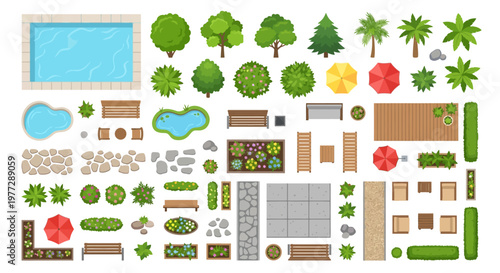 Aerial view of various park elements pools trees benches and landscaping
