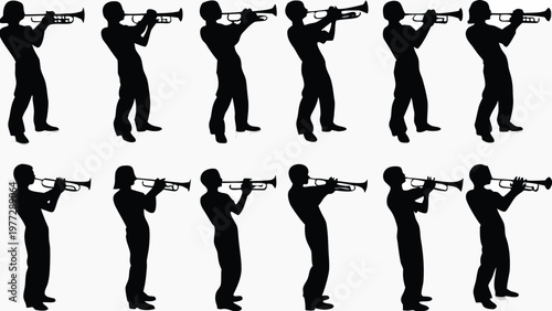 trumpet player silhouette vector set, musical performance icons, black outline style, jazz band design, minimal music illustration pack
