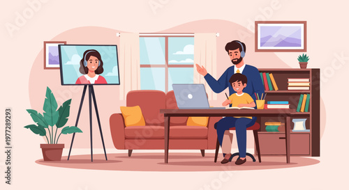 Man and Child Working Together on Laptop.