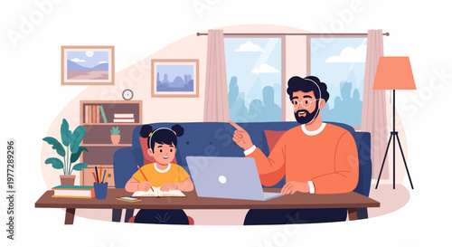 Man and Child Working on Laptop Together.