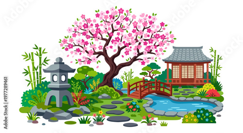 A serene japanese garden with a pagoda blossoms and a small pond