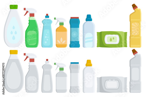 Household cleaning supplies set with spray bottles, liquid cleaners and detergent containers, flat vector illustration