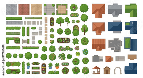 Assorted top down views of buildings gardens and landscaping elements