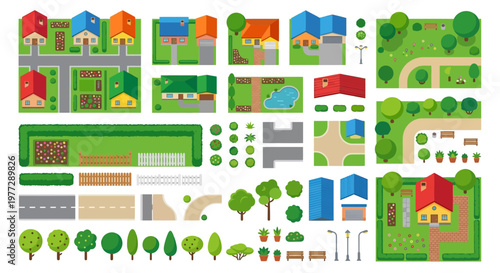 Colorful illustrated collection of residential buildings and landscape elements