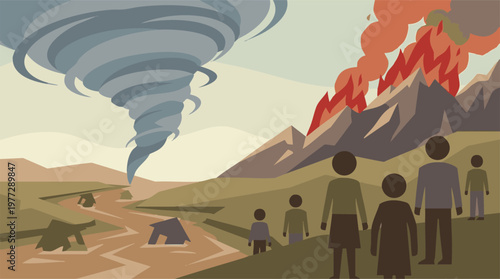 People observing natural disasters: tornado, flood, and wildfire landscape