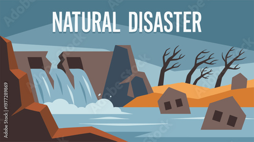 Illustration of Natural Disaster with Flood, Dam Break, and Submerged Houses