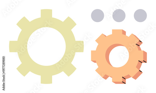 Settings, process, teamwork, engineering, machinery, automation. Two colorful gears with minimalist design and three circular dots. Settings and process concept collaboration and functionality