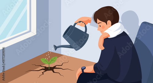 Man Watering Small Plant on Desk.