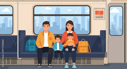 Mother and Children Sitting on Train Seats.