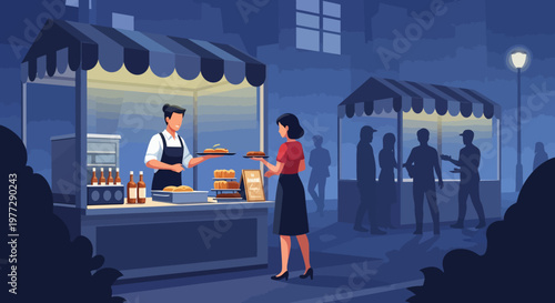 Street Food Vendor Serving Customer at Night.