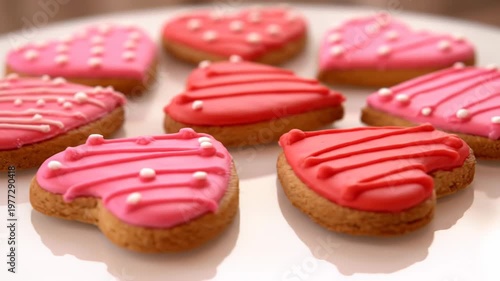 Heart-shaped cookies with pink and red frosting, decorated with white details, arranged on a surface