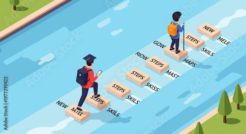 Two Graduates Walking on Career Path Steps.