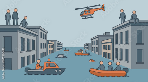 City flood disaster with people on rooftops, boats, and rescue helicopter