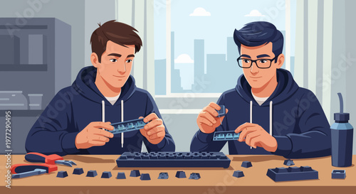 Two Men Repairing Electronic Devices Together.