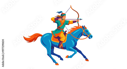 A colorful illustration of a mounted archer aiming with a bow