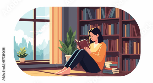 Woman Reading Book in Cozy Library Setting.