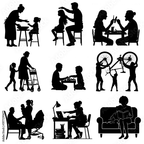 Authentic Diverse Family Silhouettes in everyday activities isolated