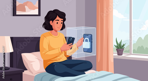 Woman Sitting on Bed Using Smartphone.