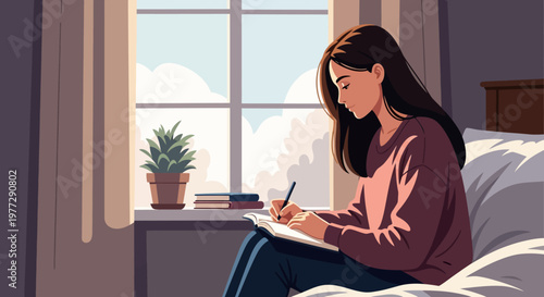 Woman Writing in Bed with Journal.