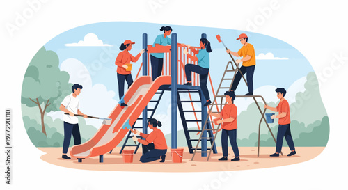 Workers Maintaining Playground Equipment and Structures.