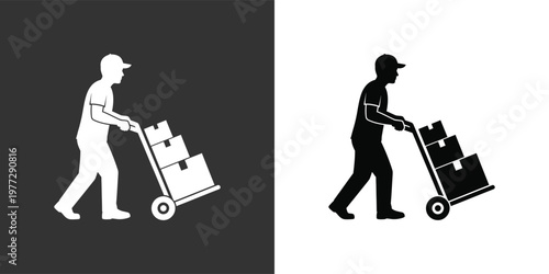 Delivery person with hand truck black and white variations