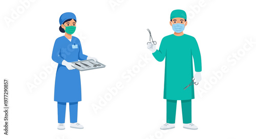 Two healthcare workers a doctor and nurse in surgical attire
