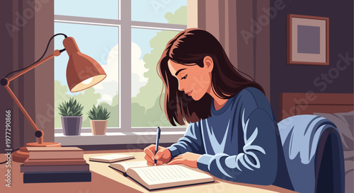 Young Woman Writing in Notebook at Desk.