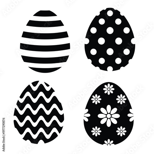 Four Decorated Easter Eggs in Black and White