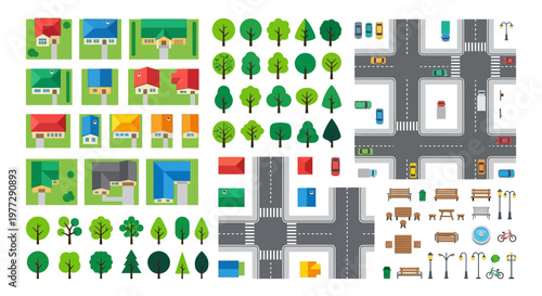 Quadro su tela A colorful collection of illustrated city elements and building blocks