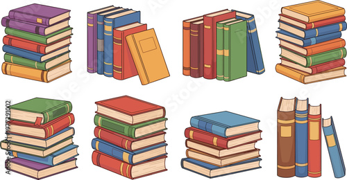 Stack of Books Illustration Set with Colorful Hardcover and Paperback Collections for Education Learning Library and Academic Design