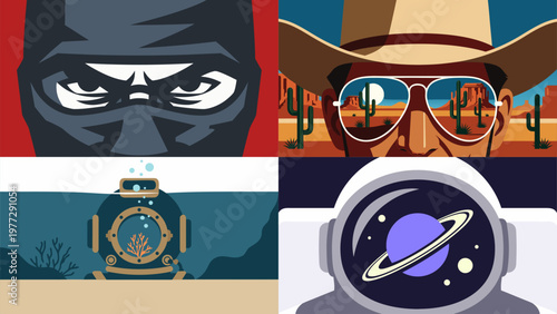 Vector Illustration Collection of heroic character Banners. featuring ninja astronaut and wild west cowboy