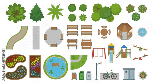 Overhead view of a colorful park with trees paths and playground elements