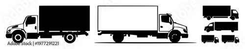Shipping truck set with solid black icon, white background silhouette featuring truck, shipping, icon with black and white and transportation and logistics
