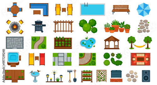 Collection of colorful top down view garden and outdoor furniture icons