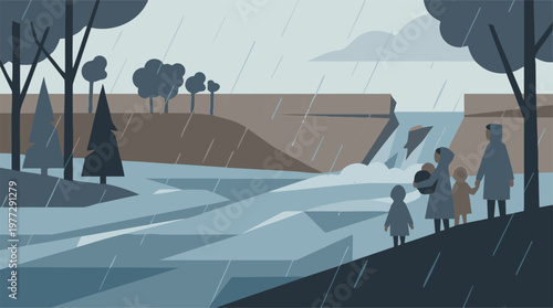 Minimalist illustration of a family observing a rainy river and waterfall
