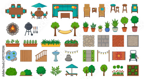 Colorful cartoon illustration of outdoor furniture and garden elements