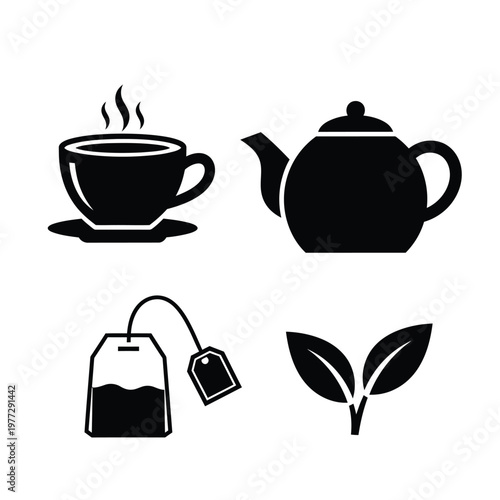 Tea Icons Set With Cup Kettle Teabag And Leaves teapot