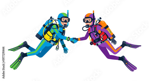 Two scuba divers in colorful wetsuits shaking hands underwater
