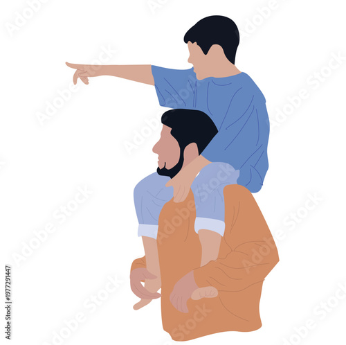 father carrying child on shoulder. Father and son. Dad carrying his son on his shoulders.
