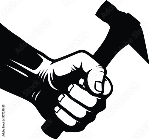Title hand gripping a hammer a symbol of labor and construction description a stark black and white image depicts a hand firmly