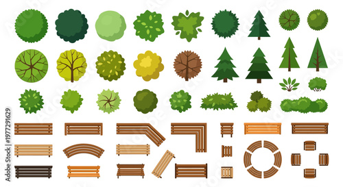 An aerial view collection of trees shrubs and park furniture