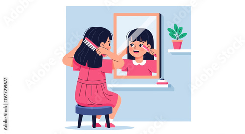 Young girl combing her hair looking at reflection in mirror