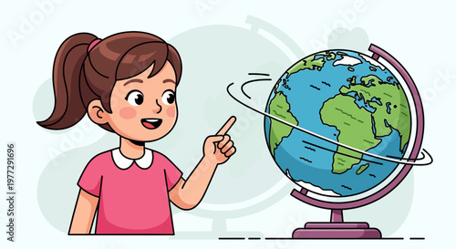 Young girl pointing at a spinning globe in cartoon style