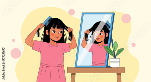 Young girl combing hair in front of mirror indoors