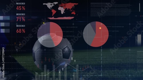 Animation of graphs and data over ball and legs of african american soccer player at stadium