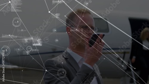 Animation of network of connections over businessmen at the airport