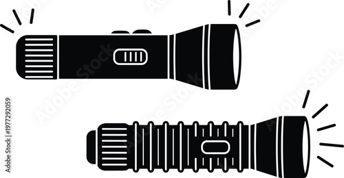 Flashlight silhouette vector illustration set featuring two distinct black electric torch icons with light beams isolated on white background for emergency and camping.