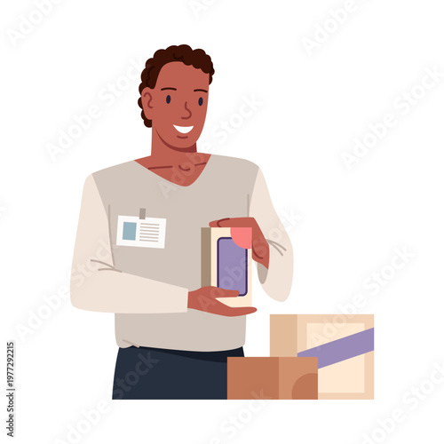 Happy seller with name badge unboxing package on white isolated background vector illustration
