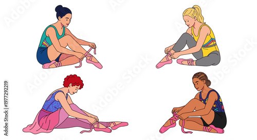 Four ballerinas tying their pointe shoes in a colorful illustration