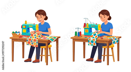 Woman happily sewing colorful fabric with a sewing machine at a table